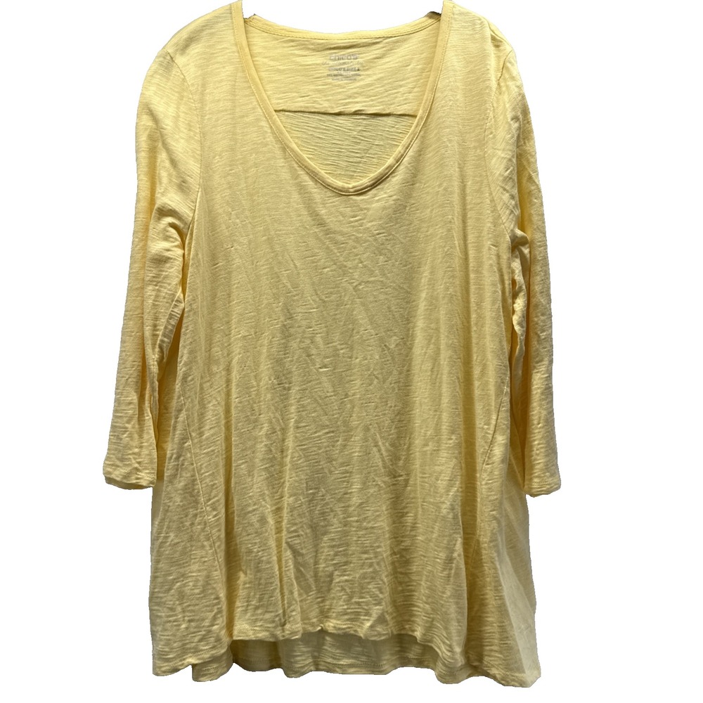 Chicos Ultimate Tee Size Large Solid Yellow V Neck Tunic 3/4 Sleeves Slub Cotton